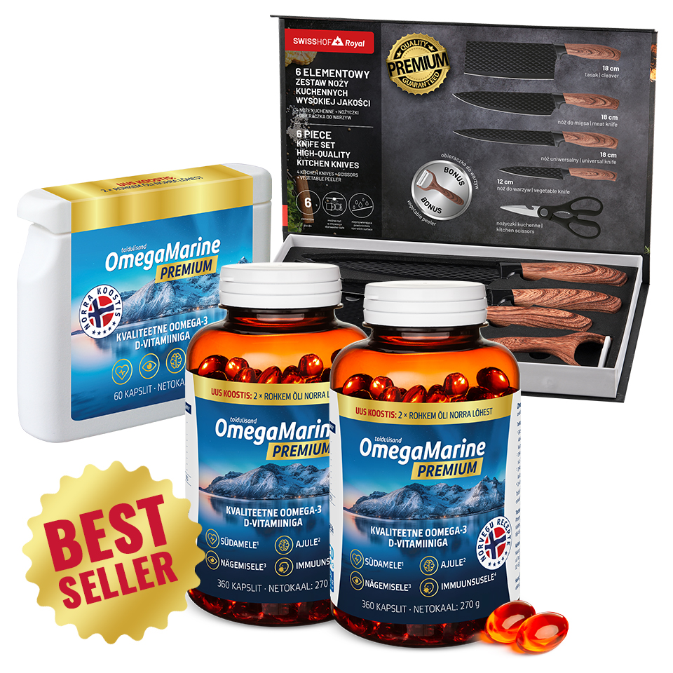 Natural Pharmaceuticals OmegaMarine™ Premium OmegaMarine™ Premium Supplement Kit - kaks suurt pudelit 360 kapsliga, üks väiksem pakend 60 kapsliga, dekoratiivne roosakuldne naistekell ja kollane rinnamärk, millel on sõnad BEST SELLER.