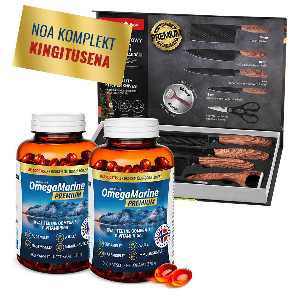 Natural Pharmaceuticals OmegaMarine™ Premium Kaks pudelit OmegaMarine™ Premium toidulisandit, milles on kumbki 360 kapslit Norra lõheõli ja D-vitamiini, nende ees kaks geelkapslit ja elegantne tsirkoonidega roosakuldne naiste käekell; paremas ülanurgas kollane silt sõnadega „KÄEKELL EHTSA TEEMANTIGA TASUTA!“.