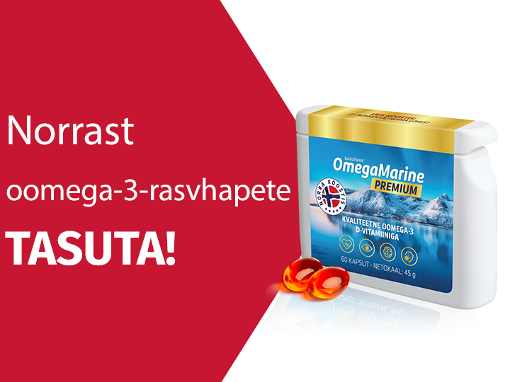 Natural Pharmaceuticals OmegaMarine™ Premium toidulisand. Vasakul punane taust, loosung TASUTA, paremal kollase kaanega pakend, 60 kapslit.
